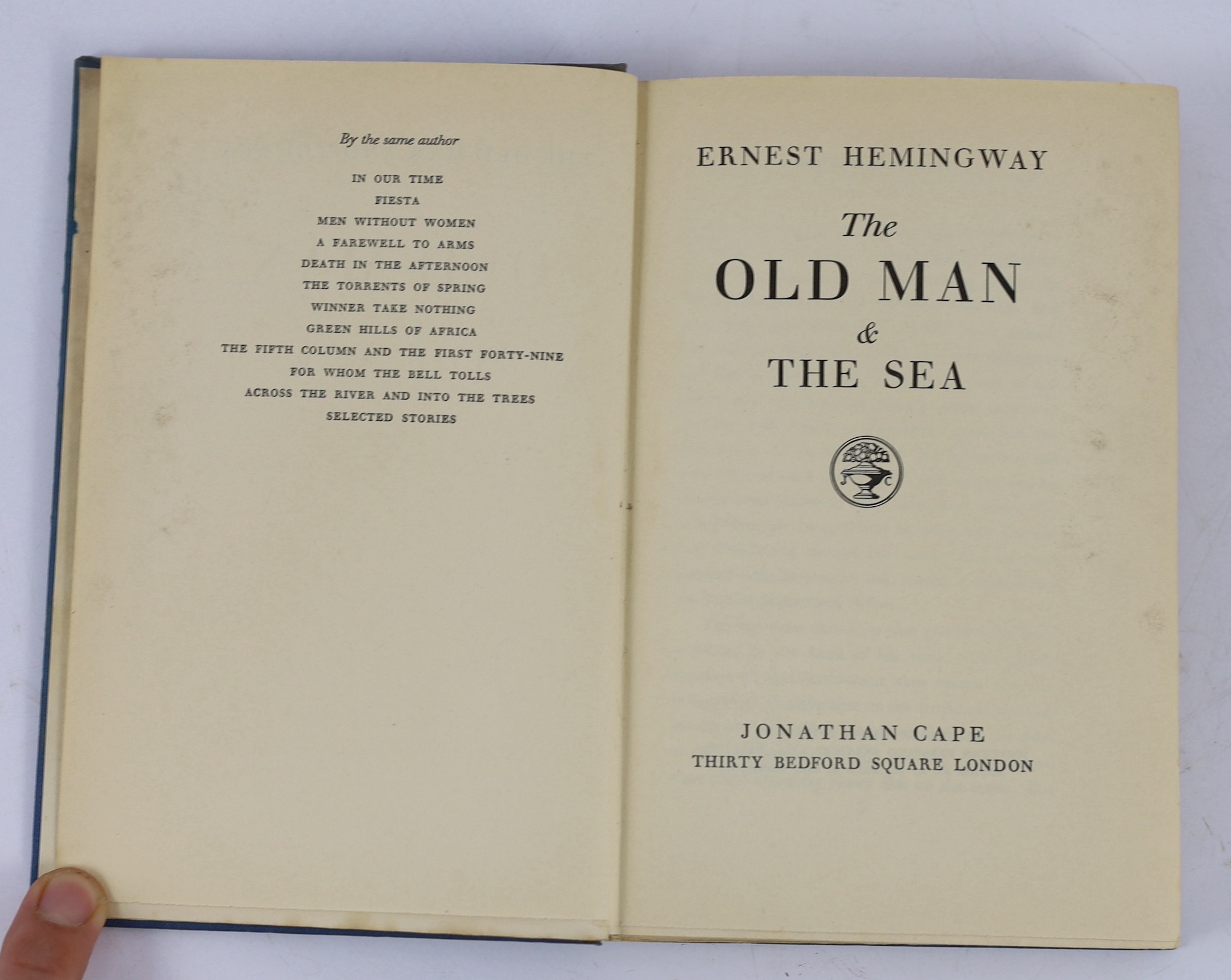 Hemingway, Ernest - The Old Man and the Sea, 1st UK edition, 8vo, the unclipped d/j with loss to right front panel and spine head, ownership inscription to front fly leaf, Jonathan Cape, London, 1952